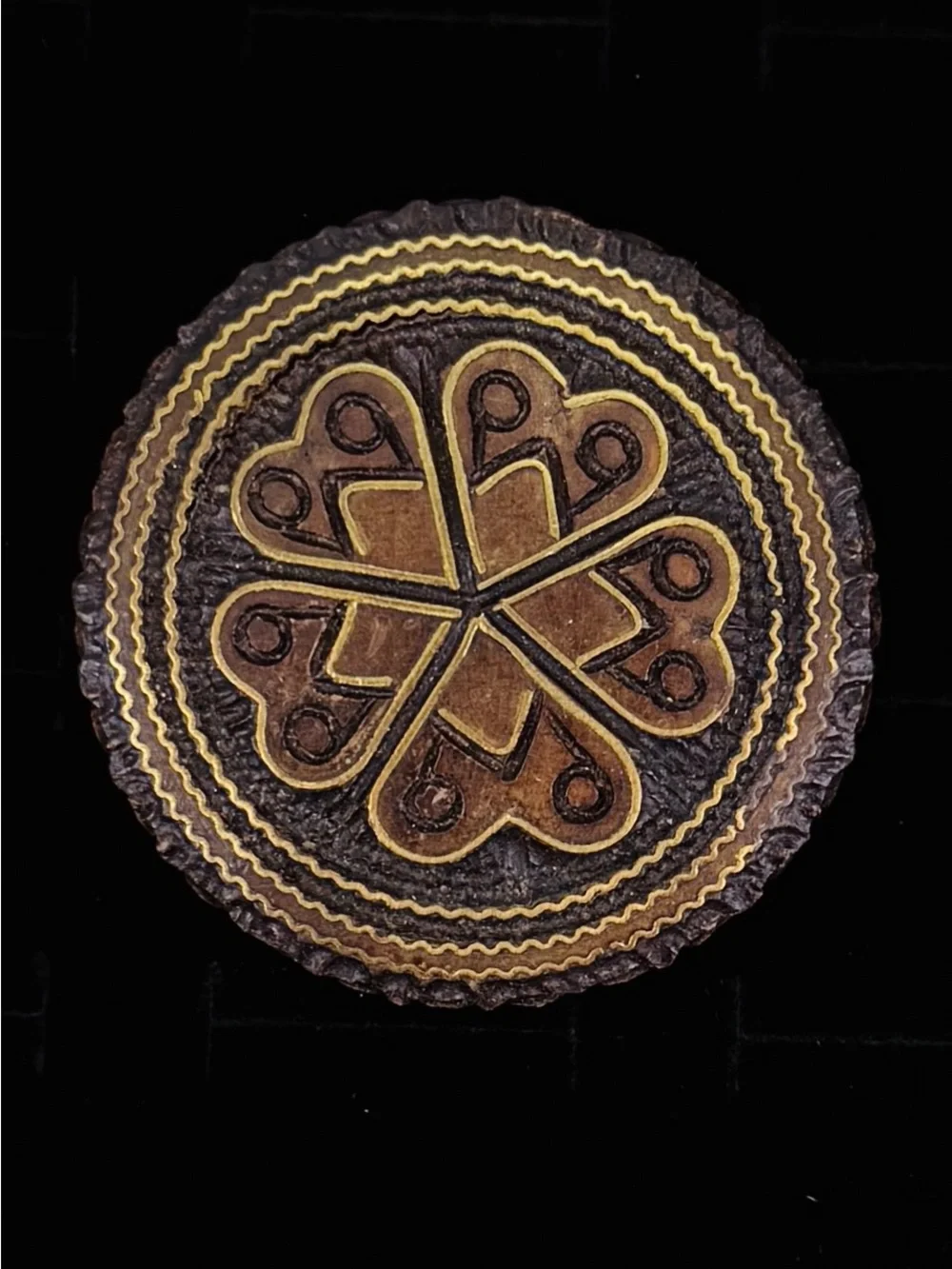 Vintage Round Carved Wood Medallion Brooch Brass Inlay Geometric Folk Art Pin